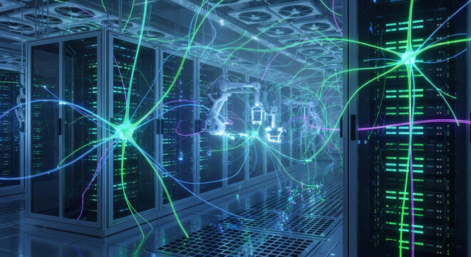 Futuristic data center server room with glowing neural network connections representing artificial intelligence and big data processing