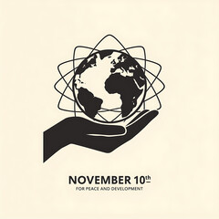 A hand cradles a globe encircled by a geometric design, promoting peace and development on a cream background.