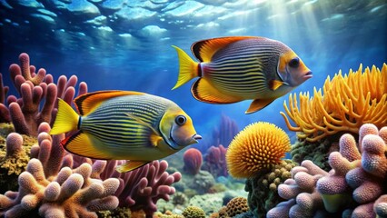 Fototapeta premium Vibrant Reef Inhabitants Two Striking Yellow and Blue Striped Fish Gracefully Swim Amidst a Lush Coral Garden, Bathed in Sunlight