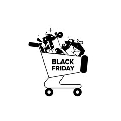 A shopping cart overflows with gift-wrapped presents, signaling a Black Friday sale.
