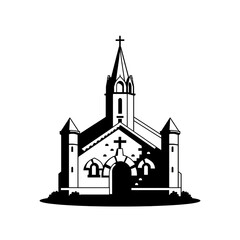 A black and white illustration depicts a church building with a steeple and cross on a plain background.