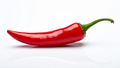 A single vibrant red chili pepper placed against a clean white background, captured in sharp close-up detail.
