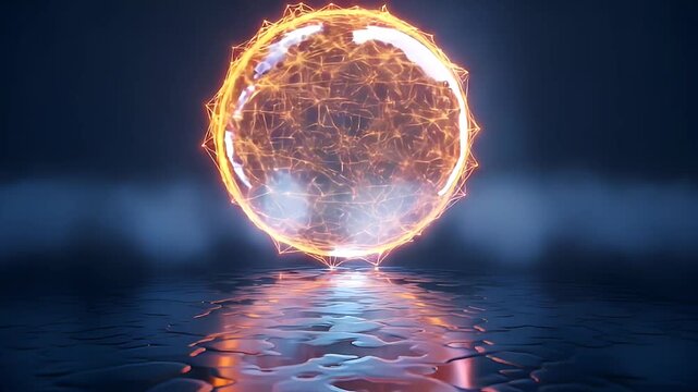 Abstract glowing orb floating over reflective surface against dark background