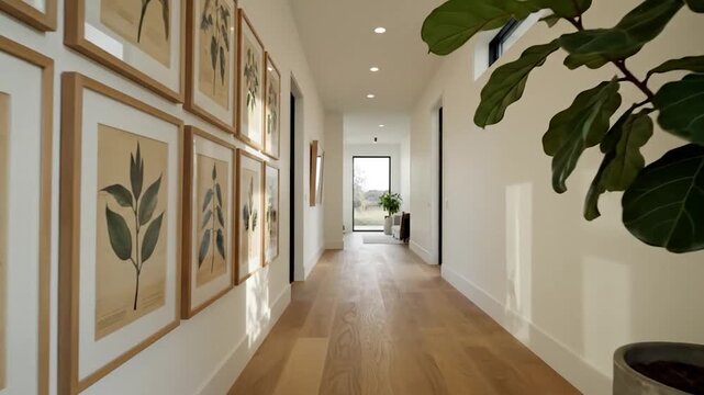 Indoor fiddle leaf fig tree with wall art in modern minimalist hallway interior design