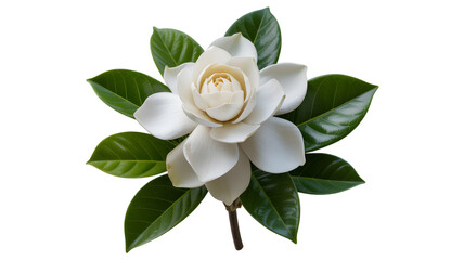 Elegant white gardenia blossom with dark green leaves against black background