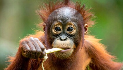 A close-up portrait of a juvenile primate eating something yellow