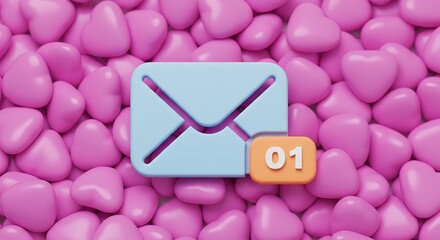 3D rendered email icon over a bed of pink heart-shaped candies, implying messages