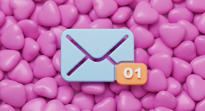 3D rendered email icon over a bed of pink heart-shaped candies, implying messages - Powered by Adobe