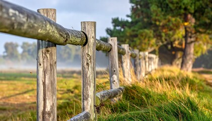 Fototapeta premium A weathered wooden fence stretches through a green field on a hazy morning