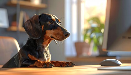 【お仕事を手伝い中】木製デスクに前足を置き、パソコンのモニターを真剣に見つめるミニチュアダックスフンドGenerated image