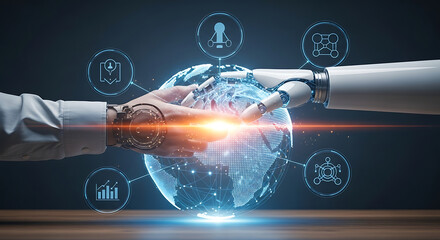 Human and robotic hands clasped over a digital globe, symbolizing collaboration.