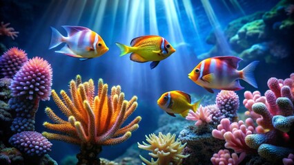 Fototapeta premium Vibrant Reef Scene with Colorful Fish Swimming Amongst Lush Coral and Underwater Flora