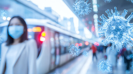 A masked woman stands at a blurred train station, symbolizing safety during pandemics with artistic virus illustrations around.