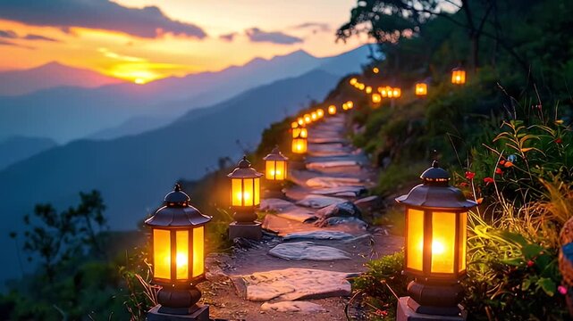 Evening scene illustration with illuminated buildings and pathway