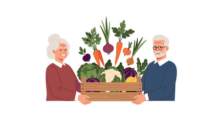 Elderly couple holding a crate of fresh vegetables.