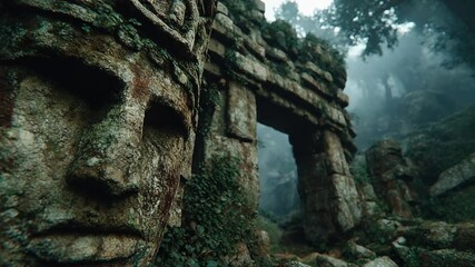 Ancient stone face in misty forest ruins