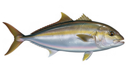 Amberjack fish swimming isolated on transparent background, a popular seafood