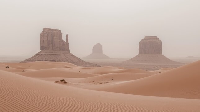 Expedition through vast desert landscape with towering rock formations under hazy sky