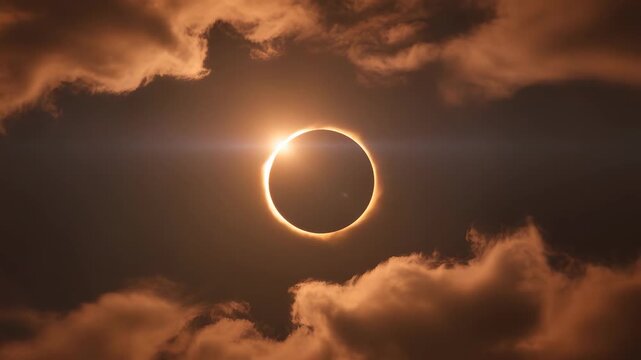 Dramatic total solar eclipse with golden clouds swirling, astrological event