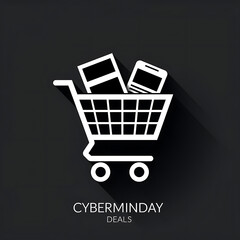 A white shopping cart containing items and a smartphone icon is set against a dark background promoting online deals.
