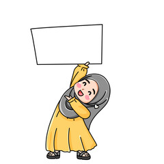 Smiling Girl in Hijab Holding Blank Sign Above Head, Cartoon Illustration.