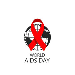 A red ribbon superimposed on a world map with the words "World AIDS Day" beneath it.