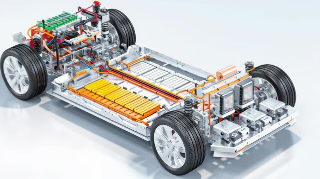 Electric vehicle chassis featuring battery pack wiring system with detailed components suspension showcasing modern technology clean energy transportation engineering design innovation