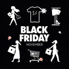 A black background showcases white silhouettes representing Black Friday shopping and merchandise.