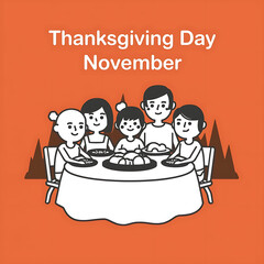 A family gathers around a table laden with food, celebrating Thanksgiving in a warm setting.