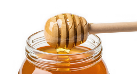 Honey dipper with honey isolated on transparent background, a natural sweetener