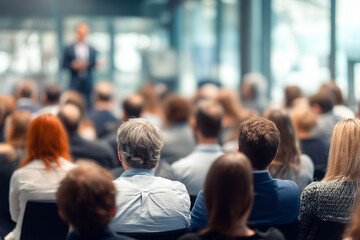 Audience attending seminar in modern conference room