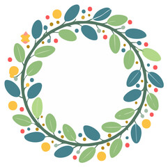 Fototapeta premium Floral wreath illustration, featuring leaves and berries in shades of green and teal.