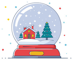Festive snow globe illustration with a red house, fir trees and falling snow