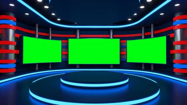 Dynamic virtual broadcast studio concept with three green screens, vibrant blue and red lighting, and modern futuristic design, ideal for immersive news and digital content