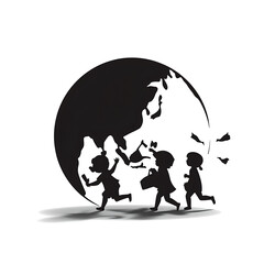 Three children run away from a collapsing globe, rendered in a simple black and white style.