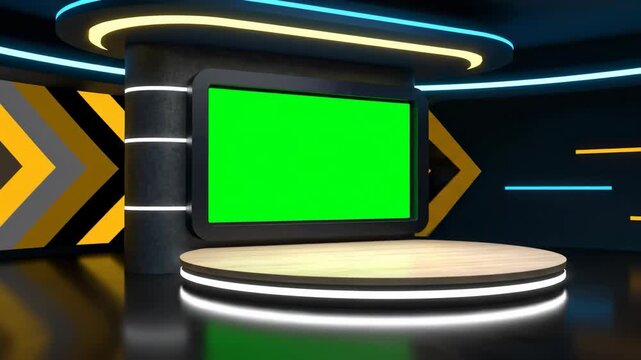 Modern high-tech virtual broadcast studio set with a vibrant green screen display and illuminated platform, ideal for news, talk shows, and digital media productions for a dynamic visual experience