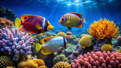 Fototapeta premium Vibrant Reef Inhabitants Three Striking Tropical Fish Amidst a Lush Coral Garden, a Vivid Underwater Scene of Marine Life