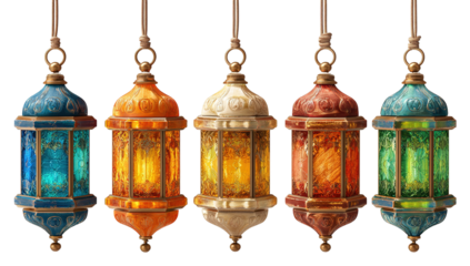 Hanging Ramadan Decorations and Ramadan in Gold Brass Letters Against a Blurred Mosque Background. RAMADAN KAREEM on light background