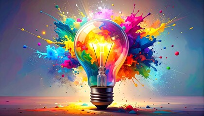 A glowing bulb bursts with vibrant colors, symbolizing ideas