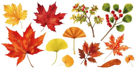 Fototapeta premium Vibrant collection of colorful autumn leaves and berries on a white background
