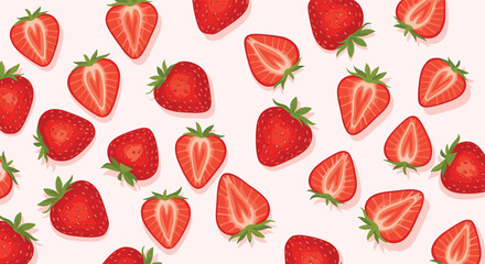 Fresh Strawberries Scattered on a Light Pink Background.