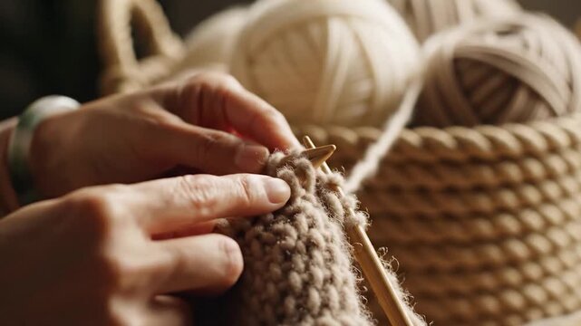 Knitting close up needlework with wool yarn and basket
