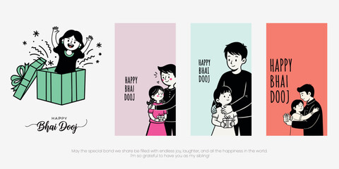 A cheerful Happy Bhai Dooj set featuring an excited sister emerging from a gift box and loving illustrations of a brother embracing his sister with care.