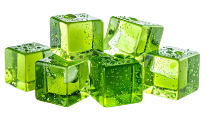 Group of green, translucent cubes with water droplets, appearing like emeralds