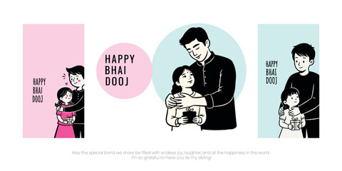 Stylized vector set for Happy Bhai Dooj. A loving brother embraces his sister warmly, symbolizing protection, affection, and the eternal sibling bond.