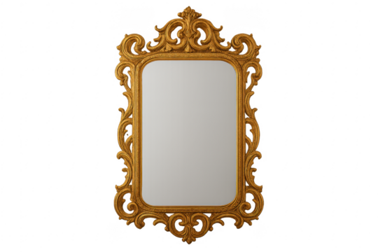 Golden ornate rococo style mirror with transparent background