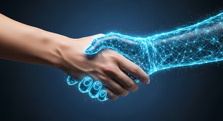 A human hand shakes with a digital hand, symbolizing collaboration, innovation, and futuristic technology against a dark blue background.