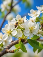 Fototapeta premium bee collecting nectar on blooming pear tree branch spring day