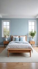 Fototapeta premium Soft blue walls and white bedding create a calming atmosphere in this serene bedroom with natural wood furniture and a large window frame