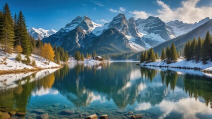 Obraz premium Mountainous landscape with snow-capped peaks and serene lake in Ramsau am Dachstein
